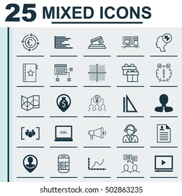 Set Of 25 Universal Editable Icons For Statistics, Marketing And Project Management Topics. Includes Icons Such As Questionnaire, Credit Card, Employee Location And More.