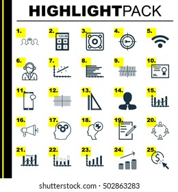 Set Of 25 Universal Editable Icons For Advertising, Airport And Education Topics. Includes Icons Such As Bars Chart, Financial, Cosinus Diagram And More.