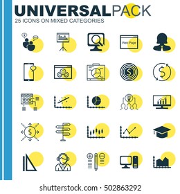 Set Of 25 Universal Editable Icons For Computer Hardware, Business Management And Human Resources Topics. Includes Icons Such As Sequence Graphics, Market Research, Website And More.