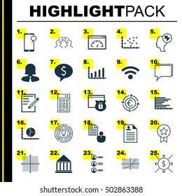 Set Of 25 Universal Editable Icons For Statistics, Project Management And Computer Hardware Topics. Includes Icons Such As Dynamics, Innovation, Graphical Grid And More.