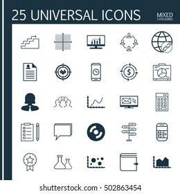 Set Of 25 Universal Editable Icons For Business Management, Computer Hardware And Education Topics. Includes Icons Such As Board, Newsletter, Reminder And More.