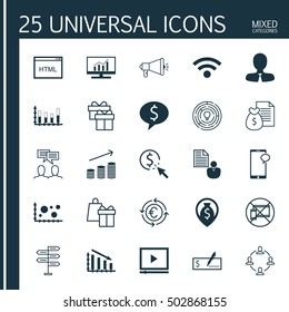 Set Of 25 Universal Editable Icons For Computer Hardware, Statistics And Travel Topics. Includes Icons Such As Collaboration, Present, Video Player And More.