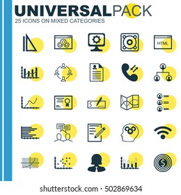 Set Of 25 Universal Editable Icons For Statistics, Computer Hardware And Project Management Topics. Includes Icons Such As Business Goal, Job Applicants, Cellular Data And More.