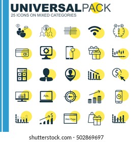 Set Of 25 Universal Editable Icons For Project Management, Airport And Marketing Topics. Includes Icons Such As PC, Messaging, Fail Graph And More.