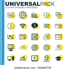 Set Of 25 Universal Editable Icons For Computer Hardware, SEO And Statistics Topics. Includes Icons Such As Music, Road Map, Certificate And More.