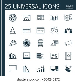 Set Of 25 Universal Editable Icons. Can Be Used For Web, Mobile And App Design. Includes Icons Such As Champagne Glasses, Conference, Bars Chart And More.