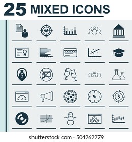 Set Of 25 Universal Editable Icons. Can Be Used For Web, Mobile And App Design. Includes Icons Such As Winter, Certificate, Champagne Glasses And More.