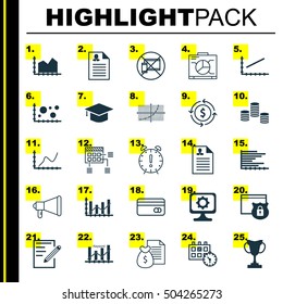 Set Of 25 Universal Editable Icons. Can Be Used For Web, Mobile And App Design. Includes Icons Such As Achievement Graph, Comparsion, Report And More.