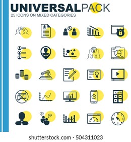 Set Of 25 Universal Editable Icons. Can Be Used For Web, Mobile And App Design. Includes Icons Such As Achievement Graph, Cooperation, Female Application And More.