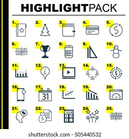 Set Of 25 Universal Editable Icons. Can Be Used For Web, Mobile And App Design. Includes Icons Such As Financial, Warranty, Segmented Bar Graph And More.