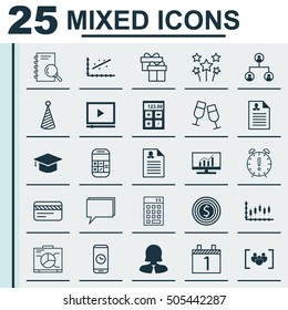 Set Of 25 Universal Editable Icons. Can Be Used For Web, Mobile And App Design. Includes Icons Such As Female Application, Champagne Glasses, Birthday Hat And More.