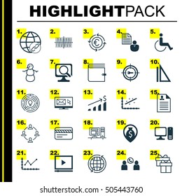 Set Of 25 Universal Editable Icons. Can Be Used For Web, Mobile And App Design. Includes Icons Such As Curriculum Vitae, Report, Bank Card And More.