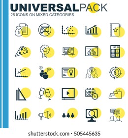 Set Of 25 Universal Editable Icons. Can Be Used For Web, Mobile And App Design. Includes Icons Such As Warranty, Sliced Pizza, Computer And More.