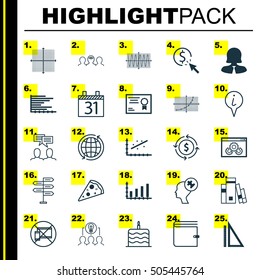 Set Of 25 Universal Editable Icons. Can Be Used For Web, Mobile And App Design. Includes Icons Such As Human Mind, Sliced Pizza, Line Grid And More.
