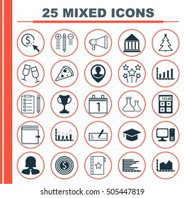 Set Of 25 Universal Editable Icons. Can Be Used For Web, Mobile And App Design. Includes Icons Such As Graduation, Segmented Bar Graph, Decorated Tree And More.