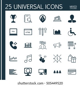 Set Of 25 Universal Editable Icons. Can Be Used For Web, Mobile And App Design. Includes Icons Such As Bars Chart, Cellular Data, Desktop Computer And More.
