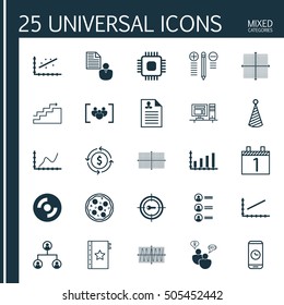 Set Of 25 Universal Editable Icons. Can Be Used For Web, Mobile And App Design. Includes Icons Such As Chip, Blank Cd, Cosinus Diagram And More.