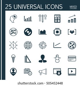 Set Of 25 Universal Editable Icons. Can Be Used For Web, Mobile And App Design. Includes Icons Such As World, Line Graph, Chip And More.
