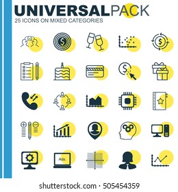Set Of 25 Universal Editable Icons. Can Be Used For Web, Mobile And App Design. Includes Icons Such As Chip, Graphical Grid, Present And More.