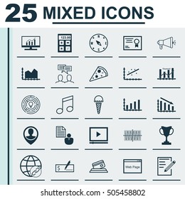 Set Of 25 Universal Editable Icons. Can Be Used For Web, Mobile And App Design. Includes Icons Such As Keyword Optimisation, Bank Payment, Sliced Pizza And More.