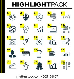 Set Of 25 Universal Editable Icons. Can Be Used For Web, Mobile And App Design. Includes Icons Such As Bars Chart, Messaging, Music And More.