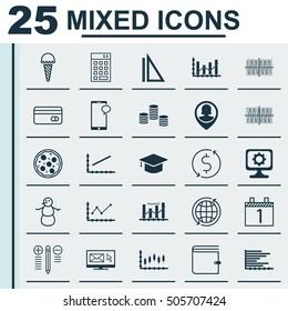 Set Of 25 Universal Editable Icons. Can Be Used For Web, Mobile And App Design. Includes Icons Such As Raise Diagram, PC, Messaging And More.