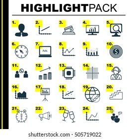 Set Of 25 Universal Editable Icons. Can Be Used For Web, Mobile And App Design. Includes Icons Such As Market Research, Business Goal, Segmented Bar Graph And More.