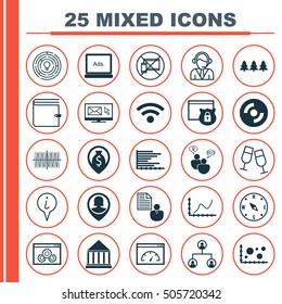 Set Of 25 Universal Editable Icons. Can Be Used For Web, Mobile And App Design. Includes Icons Such As Money Navigation, Blank Cd, Bars Chart And More.