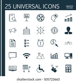 Set Of 25 Universal Editable Icons. Can Be Used For Web, Mobile And App Design. Includes Icons Such As Newsletter, Time Management, Pizza Meal And More.