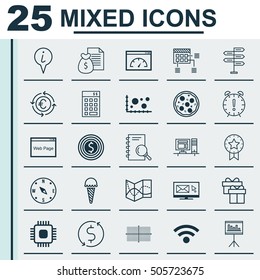 Set Of 25 Universal Editable Icons. Can Be Used For Web, Mobile And App Design. Includes Icons Such As Locate, Newsletter, Investment And More.