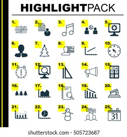Set Of 25 Universal Editable Icons. Can Be Used For Web, Mobile And App Design. Includes Icons Such As Holiday Ornament, Personal Skills, Segmented Bar Graph And More.
