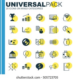 Set Of 25 Universal Editable Icons. Can Be Used For Web, Mobile And App Design. Includes Icons Such As Library, Currency Recycle, Tournament And More.