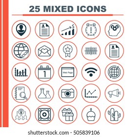 Set Of 25 Universal Editable Icons. Can Be Used For Web, Mobile And App Design. Includes Icons Such As Music, Birthday Cake, Raise Diagram And More.