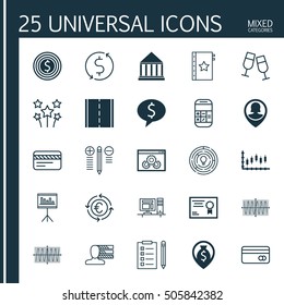 Set Of 25 Universal Editable Icons. Can Be Used For Web, Mobile And App Design. Includes Icons Such As Currency Recycle, Plastic Card, Innovation And More.