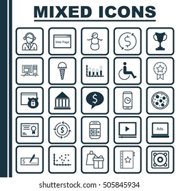 Set Of 25 Universal Editable Icons. Can Be Used For Web, Mobile And App Design. Includes Icons Such As Money Recycle, Present Badge, Music And More.