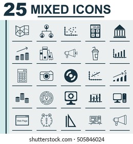 Set Of 25 Universal Editable Icons. Can Be Used For Web, Mobile And App Design. Includes Icons Such As Keyword Optimisation, Media Campaign, Financial And More.