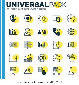 Set Of 25 Universal Editable Icons. Can Be Used For Web, Mobile And App Design. Includes Icons Such As Decorated Tree, Chip, Money And More.