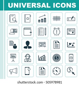 Set Of 25 Universal Editable Icons. Can Be Used For Web, Mobile And App Design. Includes Icons Such As Certificate, Report, Coins Growth And More.