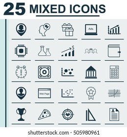 Set Of 25 Universal Editable Icons. Can Be Used For Web, Mobile And App Design. Includes Icons Such As Present, Website, Chip And More.