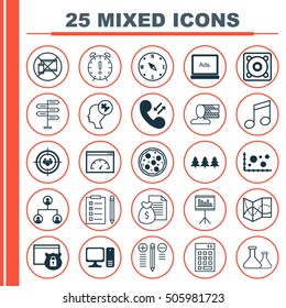 Set Of 25 Universal Editable Icons. Can Be Used For Web, Mobile And App Design. Includes Icons Such As Tree Structure, Time Management, Music And More.