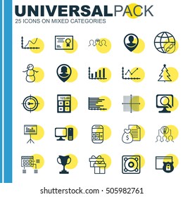 Set Of 25 Universal Editable Icons. Can Be Used For Web, Mobile And App Design. Includes Icons Such As Pin Employee, Changes Graph, Bars Chart And More.