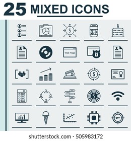 Set Of 25 Universal Editable Icons. Can Be Used For Web, Mobile And App Design. Includes Icons Such As Frozen Food, Chip, Business Goal And More.