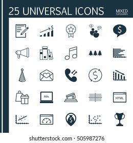 Set Of 25 Universal Editable Icons. Can Be Used For Web, Mobile And App Design. Includes Icons Such As Crotchets, Plot Diagram, Digital Media And More.