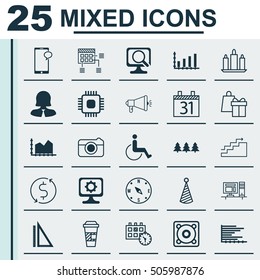 Set Of 25 Universal Editable Icons. Can Be Used For Web, Mobile And App Design. Includes Icons Such As PC, Chip, Money Trasnfer And More.