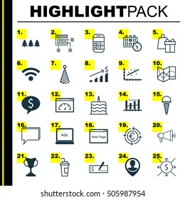 Set Of 25 Universal Editable Icons. Can Be Used For Web, Mobile And App Design. Includes Icons Such As Media Campaign, Schedule, Holiday Ornament And More.