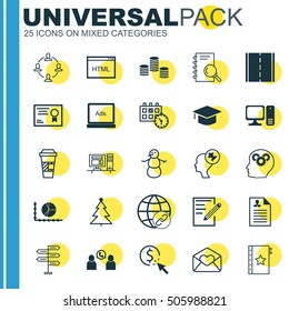 Set Of 25 Universal Editable Icons. Can Be Used For Web, Mobile And App Design. Includes Icons Such As Takeaway Coffee, Brain Process, Money And More.