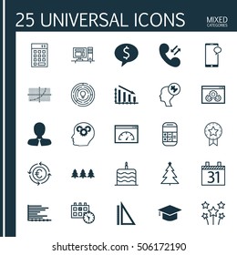 Set Of 25 Universal Editable Icons. Can Be Used For Web, Mobile And App Design. Includes Icons Such As Bars Chart, Festive Fireworks, Cellular Data And More.