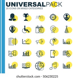 Set Of 25 Universal Editable Icons. Can Be Used For Web, Mobile And App Design. Includes Icons Such As Crotchets, Keyword Optimisation, Human Mind And More.