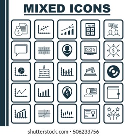 Set Of 25 Universal Editable Icons. Can Be Used For Web, Mobile And App Design. Includes Icons Such As Celebration Cake, Report, Profit Graph And More.