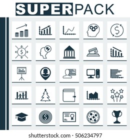 Set Of 25 Universal Editable Icons. Can Be Used For Web, Mobile And App Design. Includes Icons Such As Bars Chart, Education Center, Fail Graph And More.